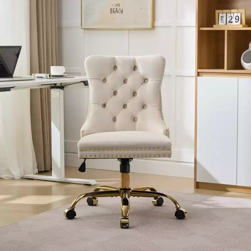Modern Office Chair, Upholstered Desk Chair with Golden Metal Base and Decorative Buttons, Height-Adjustable Comfy Chair for Office, Home