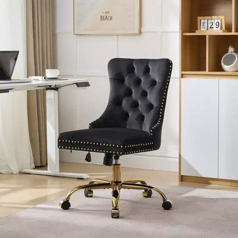 Modern Office Chair, Upholstered Desk Chair with Golden Metal Base and Decorative Buttons, Height-Adjustable Comfy Chair for Office, Home