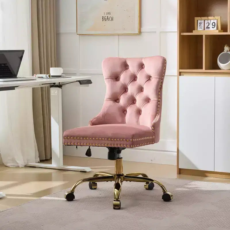 Modern Office Chair, Upholstered Desk Chair with Golden Metal Base and Decorative Buttons, Height-Adjustable Comfy Chair for Office, Home