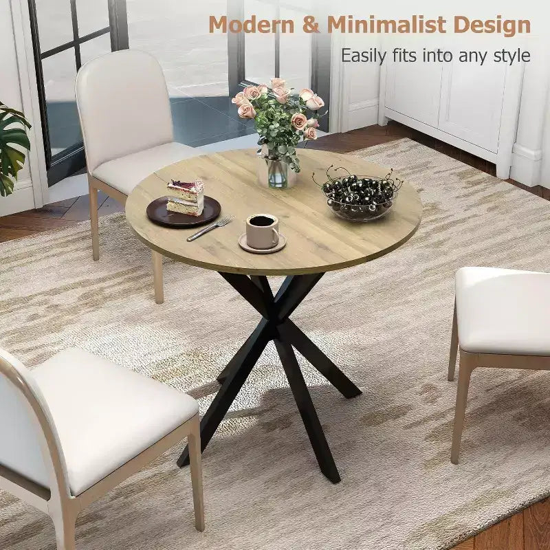 Round Dining Table 31.5'', Small Dining Table for 2-4 with Metal Black Legs - Brown