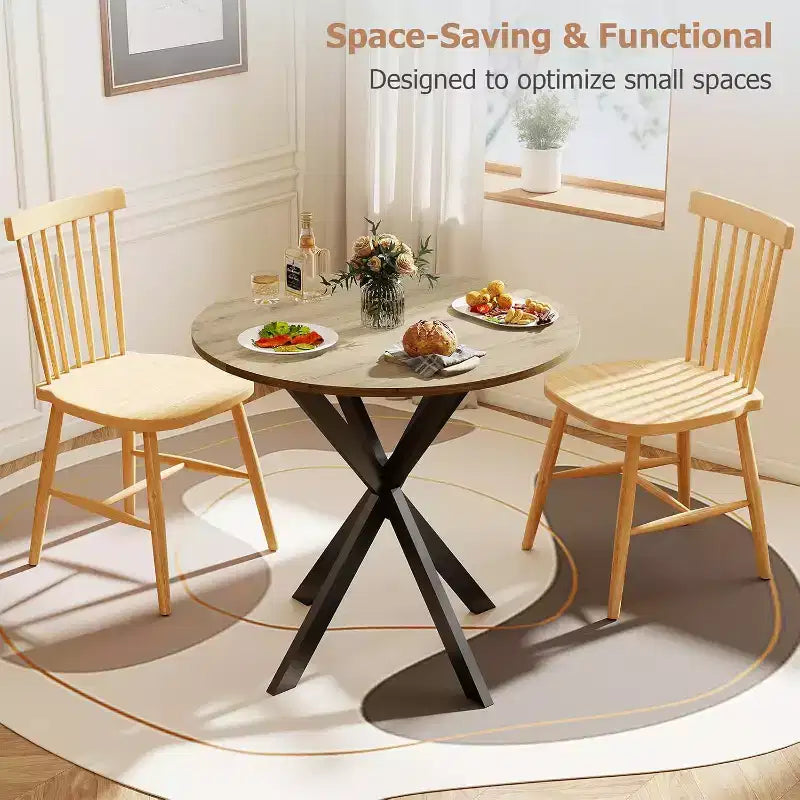 Round Dining Table 31.5'', Small Dining Table for 2-4 with Metal Black Legs - Brown