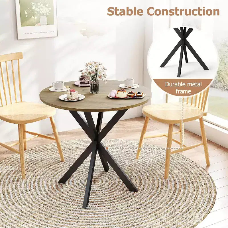 Round Dining Table 31.5'', Small Dining Table for 2-4 with Metal Black Legs - Brown