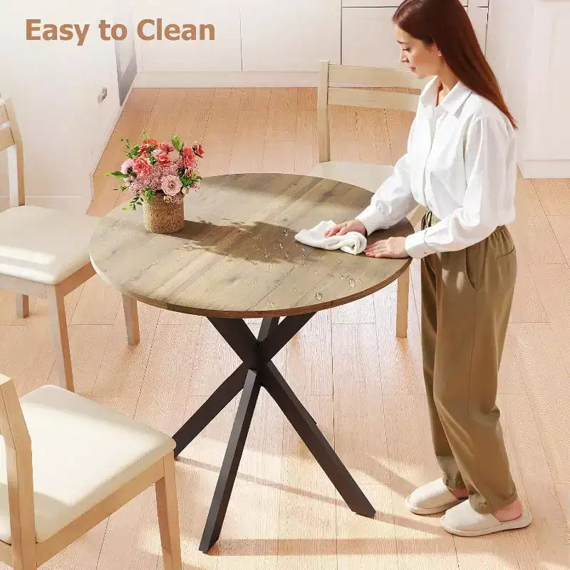 Round Dining Table 31.5'', Small Dining Table for 2-4 with Metal Black Legs - Brown