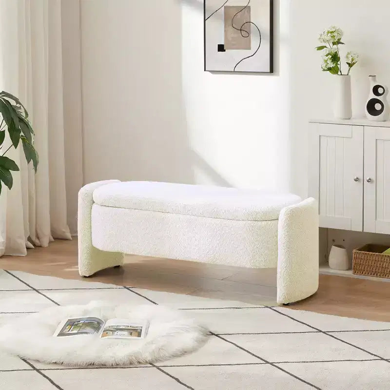 Oval Storage Bench with 3D Lamb Fleece Fabric, Large Hidden Storage for Living Room, Entryway, Bedroom - Cream White