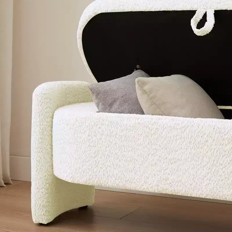 Oval Storage Bench with 3D Lamb Fleece Fabric, Large Hidden Storage for Living Room, Entryway, Bedroom - Cream White