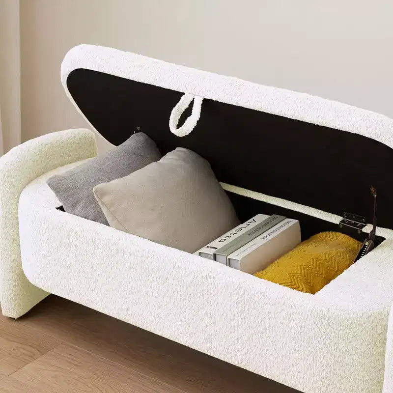 Oval Storage Bench with 3D Lamb Fleece Fabric, Large Hidden Storage for Living Room, Entryway, Bedroom - Cream White