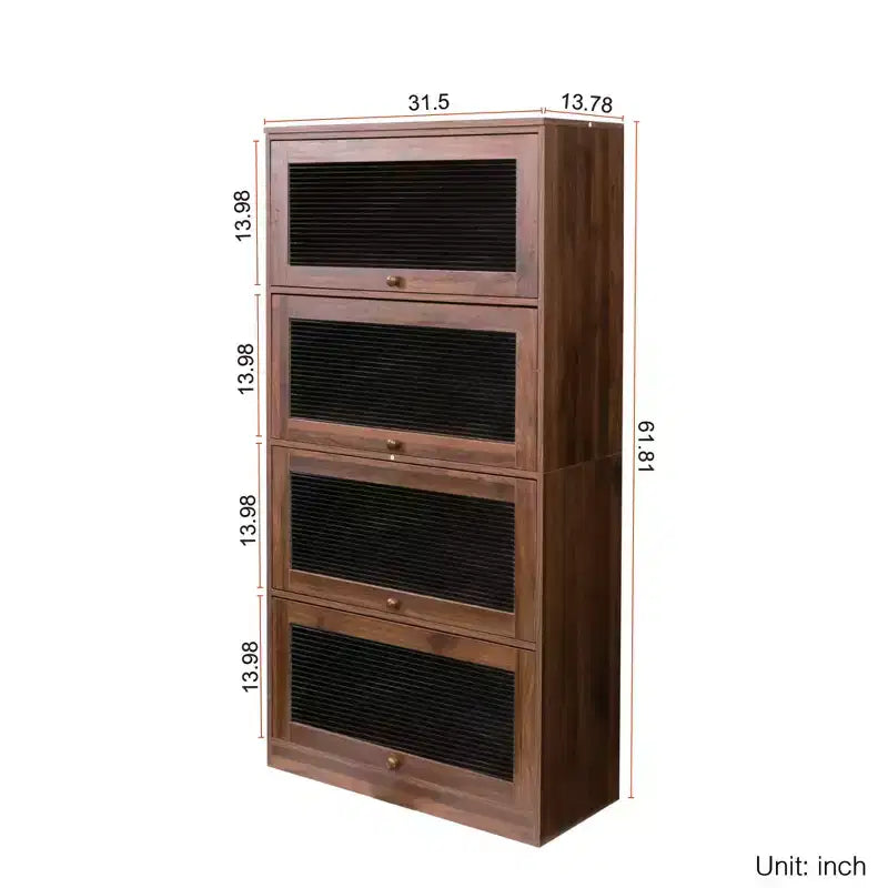 Rustic 4-Tier Wooden Bookcase with 4 Glass Doors