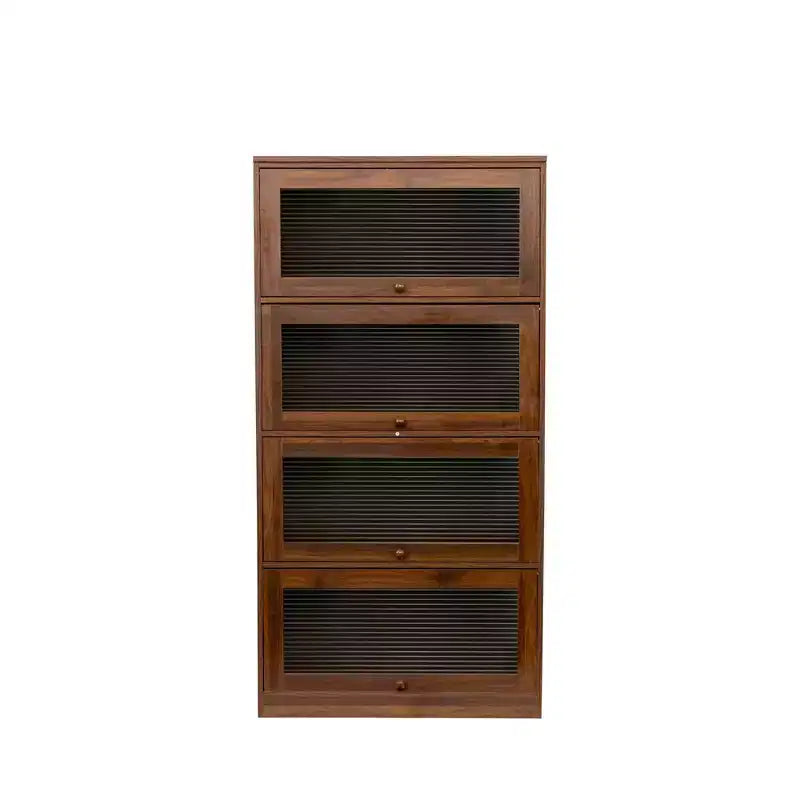 Rustic 4-Tier Wooden Bookcase with 4 Glass Doors