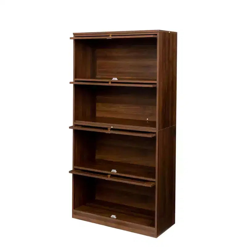 Rustic 4-Tier Wooden Bookcase with 4 Glass Doors