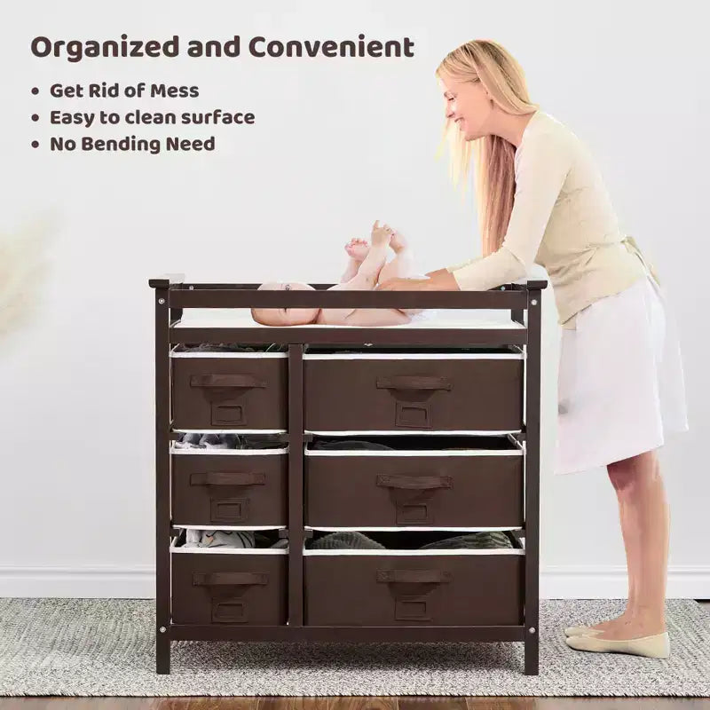 Baby Changing Table, Baby Changing Station Dresser with 6 Storage Drawers and Pad,Diaper Changing Table,Wooden Infant Diaper Changing Station Dresser
