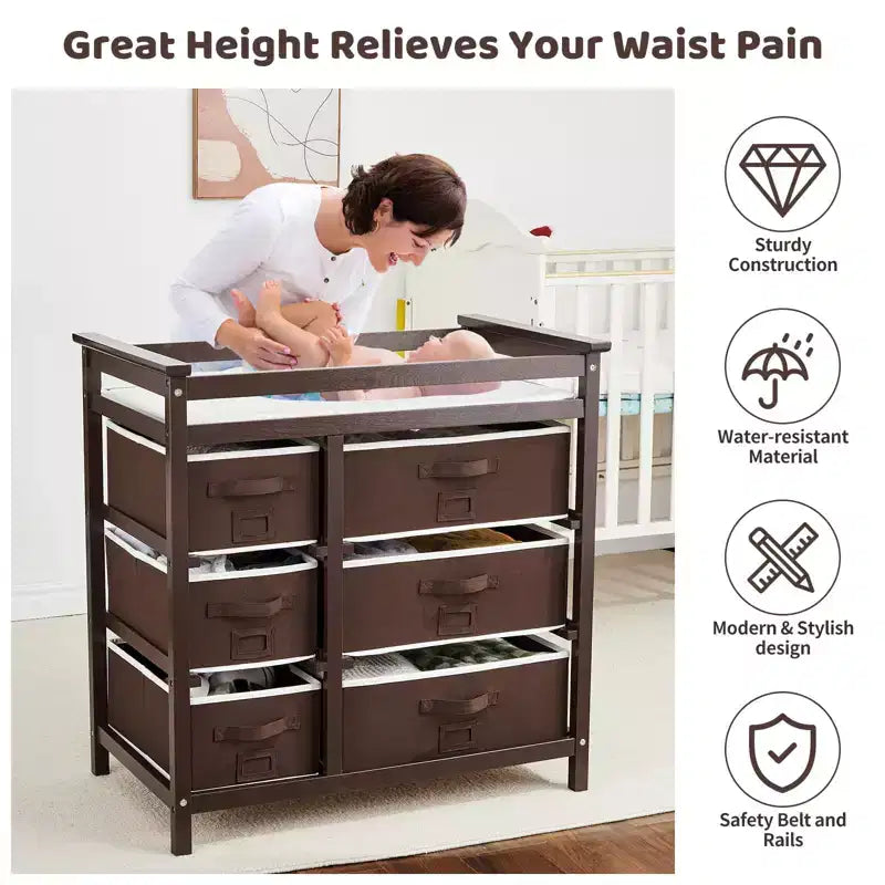Baby Changing Table, Baby Changing Station Dresser with 6 Storage Drawers and Pad,Diaper Changing Table,Wooden Infant Diaper Changing Station Dresser