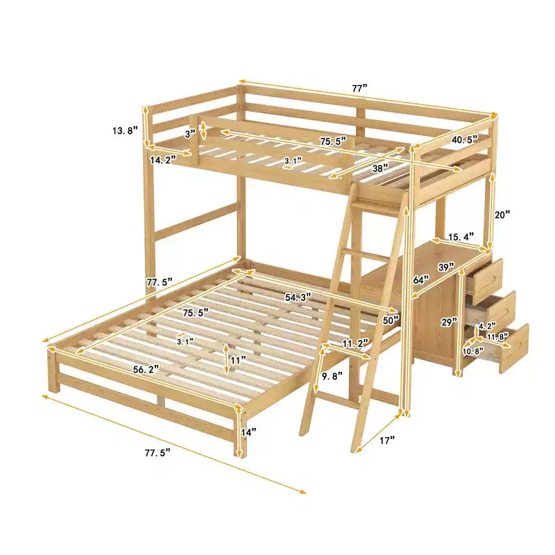 Bunk Bed Twin Over Full with Desk and 3 Drawers, Loft Bed for Kids and Adults - Natural