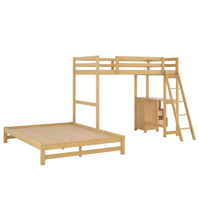Bunk Bed Twin Over Full with Desk and 3 Drawers, Loft Bed for Kids and Adults - Natural