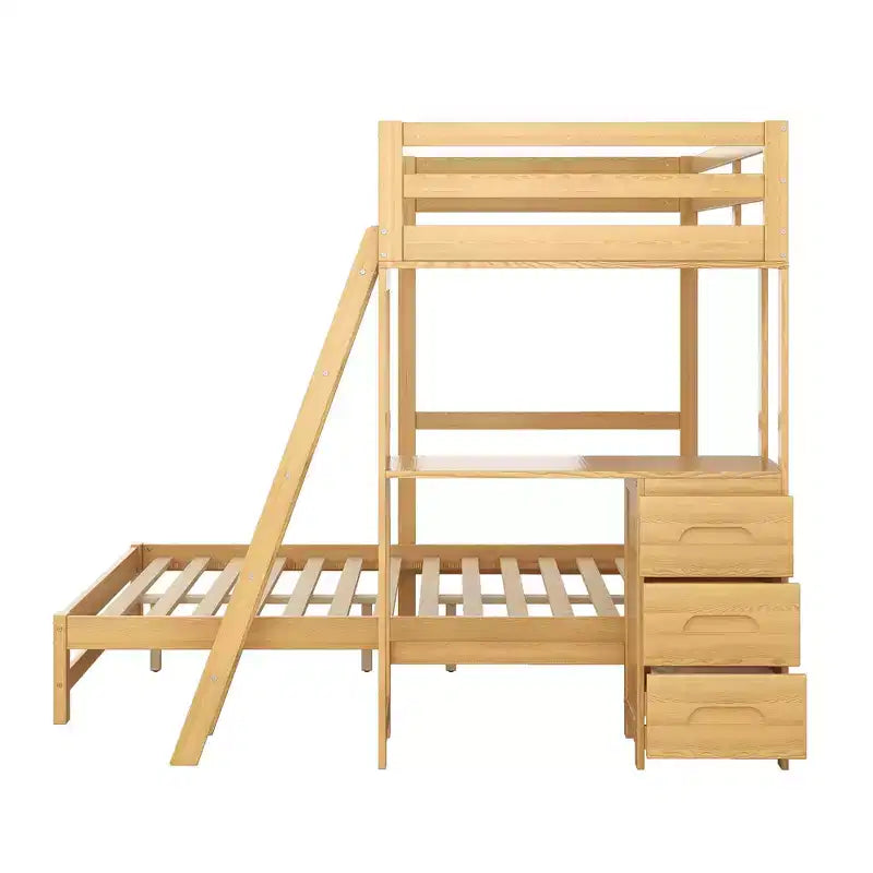 Bunk Bed Twin Over Full with Desk and 3 Drawers, Loft Bed for Kids and Adults - Natural