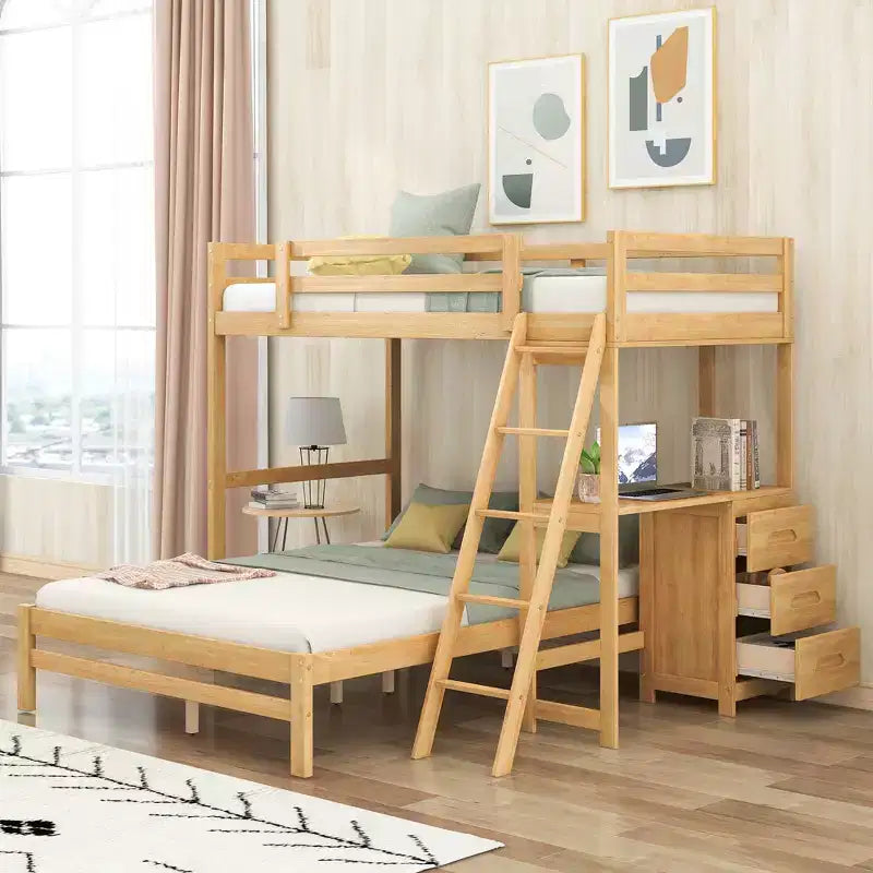 Bunk Bed Twin Over Full with Desk and 3 Drawers, Loft Bed for Kids and Adults - Natural
