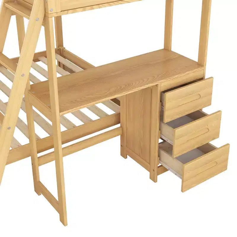 Bunk Bed Twin Over Full with Desk and 3 Drawers, Loft Bed for Kids and Adults - Natural