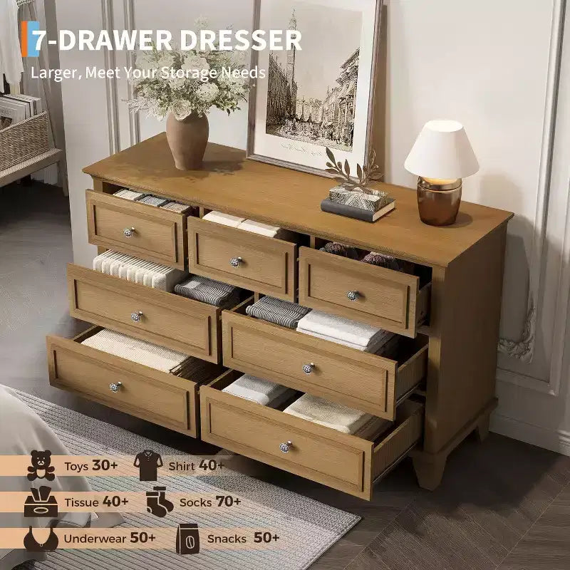 7 Drawer Dresser for Bedroom, 47W Wooden Chest of Drawers with Metal Handles, Large Dresser TV Stand, Clothes Storage Organizer for Bedroom