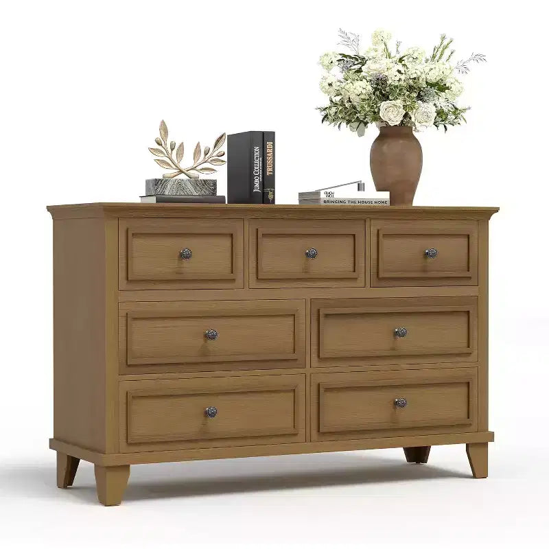 7 Drawer Dresser for Bedroom, 47W Wooden Chest of Drawers with Metal Handles, Large Dresser TV Stand, Clothes Storage Organizer for Bedroom