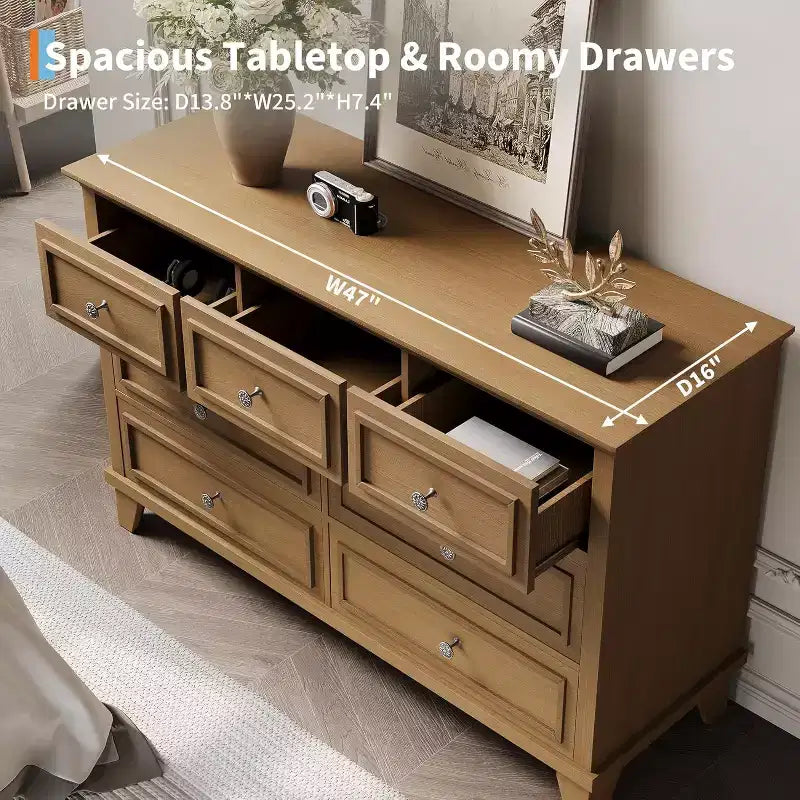 7 Drawer Dresser for Bedroom, 47W Wooden Chest of Drawers with Metal Handles, Large Dresser TV Stand, Clothes Storage Organizer for Bedroom