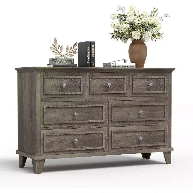 7 Drawer Dresser for Bedroom, 47W Wooden Chest of Drawers with Metal Handles, Large Dresser TV Stand, Clothes Storage Organizer for Bedroom