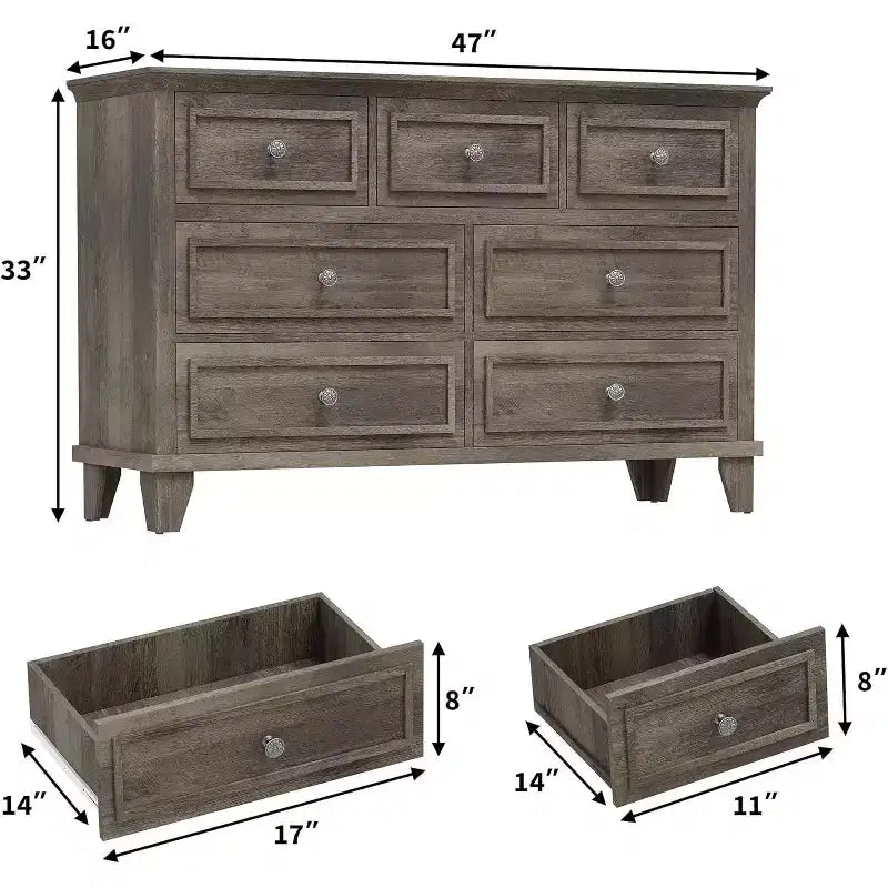 7 Drawer Dresser for Bedroom, 47W Wooden Chest of Drawers with Metal Handles, Large Dresser TV Stand, Clothes Storage Organizer for Bedroom