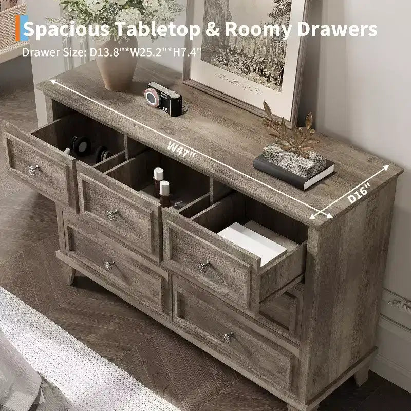 7 Drawer Dresser for Bedroom, 47W Wooden Chest of Drawers with Metal Handles, Large Dresser TV Stand, Clothes Storage Organizer for Bedroom