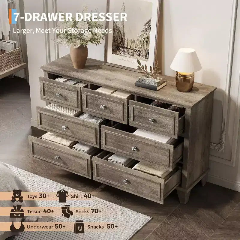 7 Drawer Dresser for Bedroom, 47W Wooden Chest of Drawers with Metal Handles, Large Dresser TV Stand, Clothes Storage Organizer for Bedroom