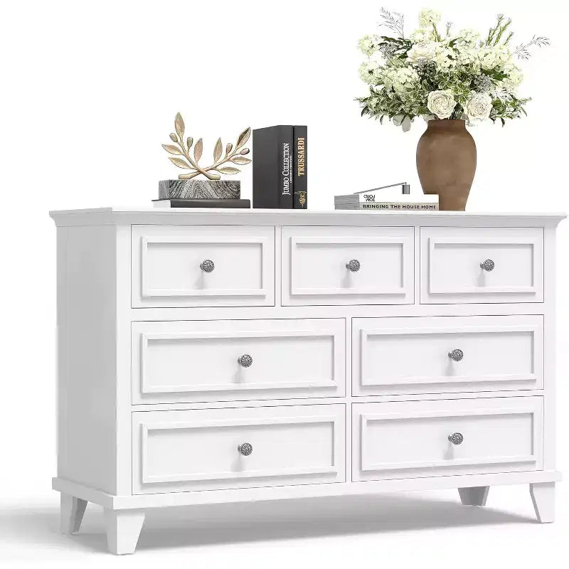 7 Drawer Dresser for Bedroom, 47W Wooden Chest of Drawers with Metal Handles, Large Dresser TV Stand, Clothes Storage Organizer for Bedroom