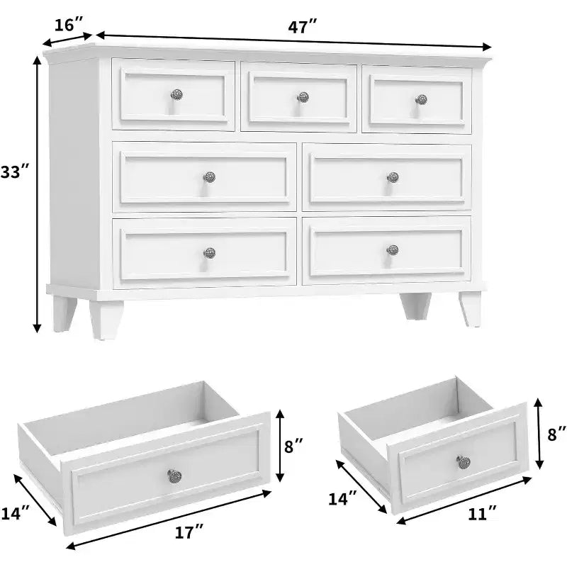 7 Drawer Dresser for Bedroom, 47W Wooden Chest of Drawers with Metal Handles, Large Dresser TV Stand, Clothes Storage Organizer for Bedroom