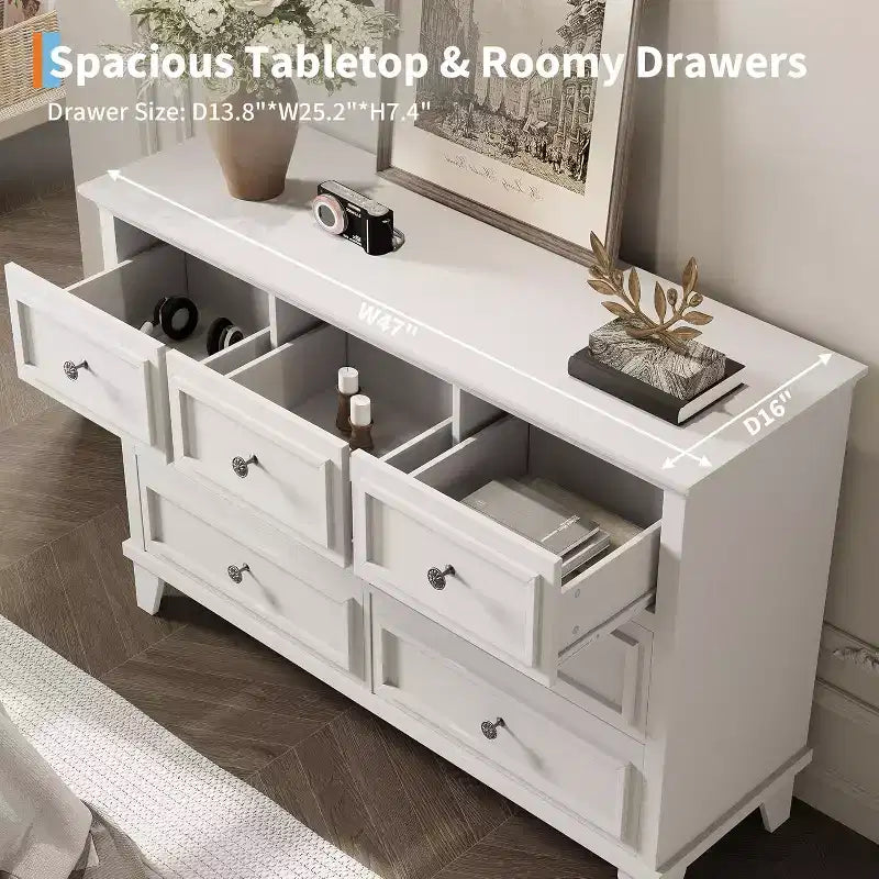 7 Drawer Dresser for Bedroom, 47W Wooden Chest of Drawers with Metal Handles, Large Dresser TV Stand, Clothes Storage Organizer for Bedroom