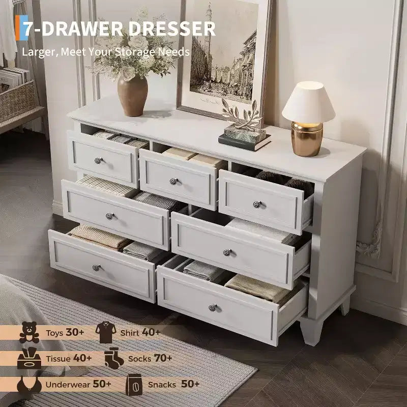 7 Drawer Dresser for Bedroom, 47W Wooden Chest of Drawers with Metal Handles, Large Dresser TV Stand, Clothes Storage Organizer for Bedroom