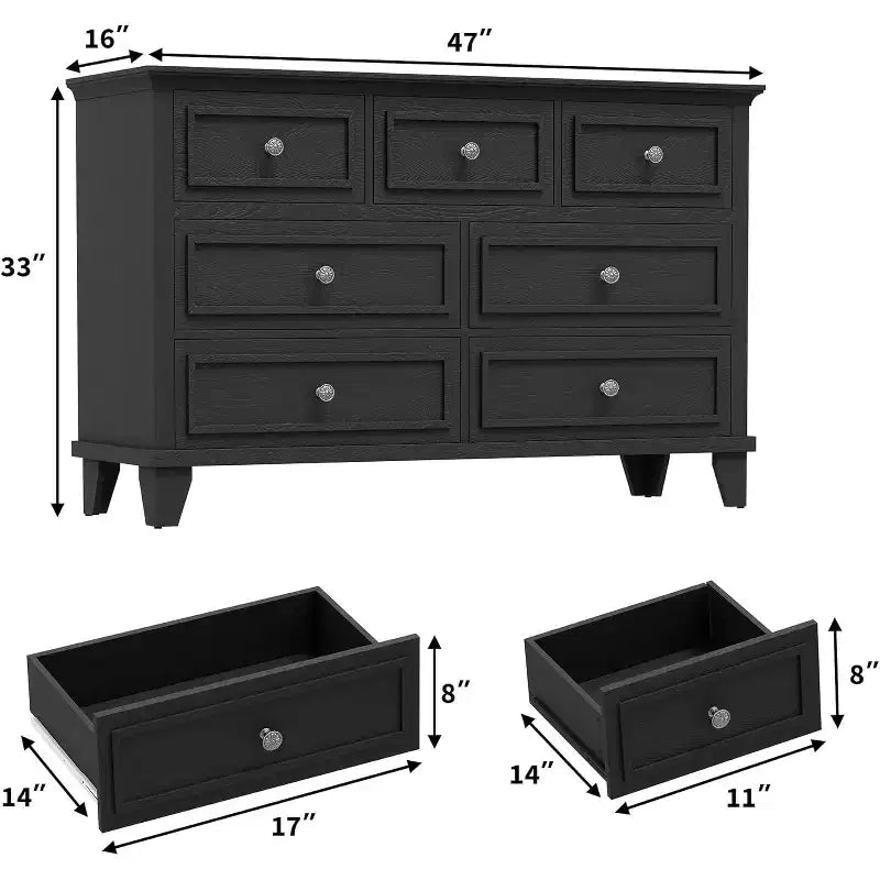 7 Drawer Dresser for Bedroom, 47W Wooden Chest of Drawers with Metal Handles, Large Dresser TV Stand, Clothes Storage Organizer for Bedroom