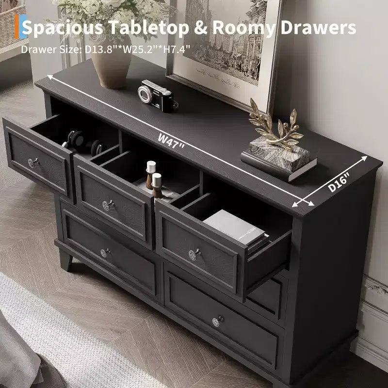 7 Drawer Dresser for Bedroom, 47W Wooden Chest of Drawers with Metal Handles, Large Dresser TV Stand, Clothes Storage Organizer for Bedroom