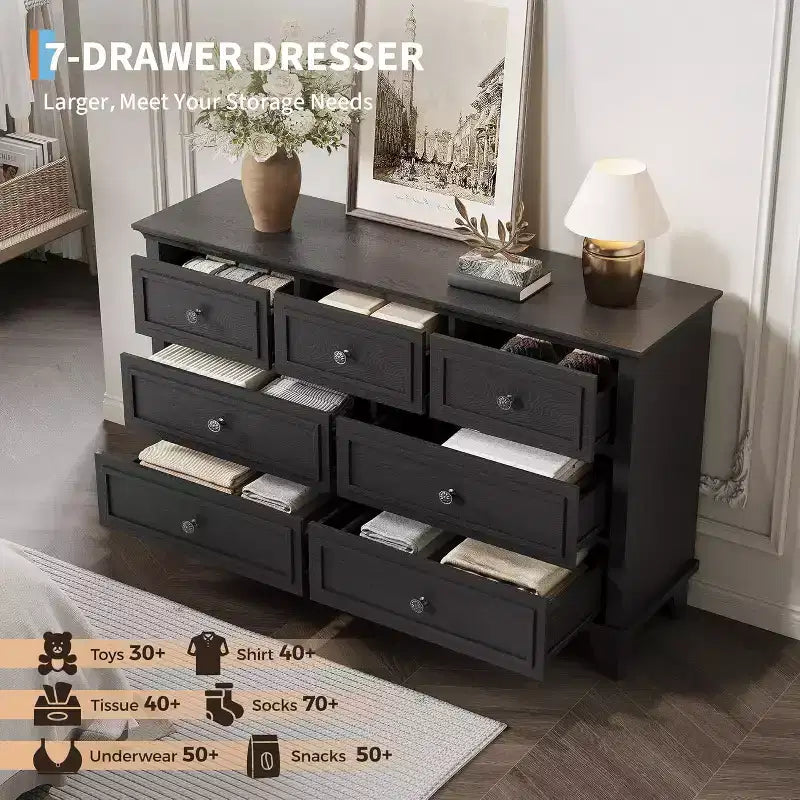 7 Drawer Dresser for Bedroom, 47W Wooden Chest of Drawers with Metal Handles, Large Dresser TV Stand, Clothes Storage Organizer for Bedroom