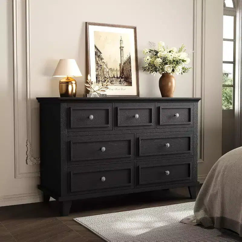 7 Drawer Dresser for Bedroom, 47W Wooden Chest of Drawers with Metal Handles, Large Dresser TV Stand, Clothes Storage Organizer for Bedroom