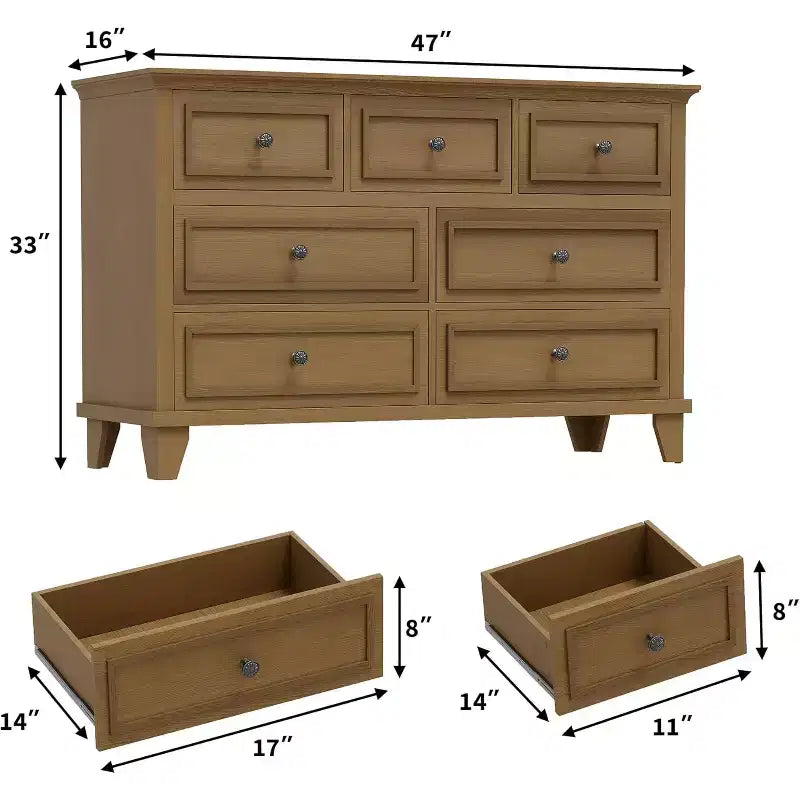 7 Drawer Dresser for Bedroom, 47W Wooden Chest of Drawers with Metal Handles, Large Dresser TV Stand, Clothes Storage Organizer for Bedroom