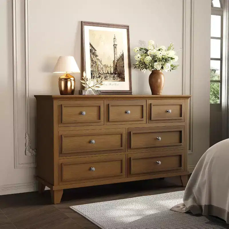 7 Drawer Dresser for Bedroom, 47W Wooden Chest of Drawers with Metal Handles, Large Dresser TV Stand, Clothes Storage Organizer for Bedroom