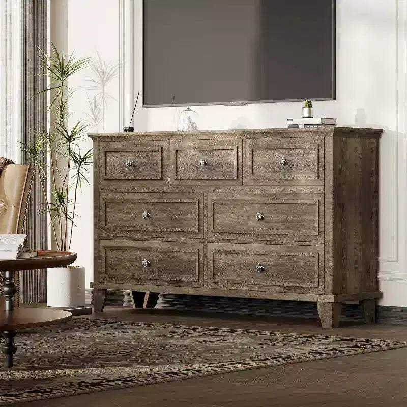 7 Drawer Dresser for Bedroom, 47W Wooden Chest of Drawers with Metal Handles, Large Dresser TV Stand, Clothes Storage Organizer for Bedroom