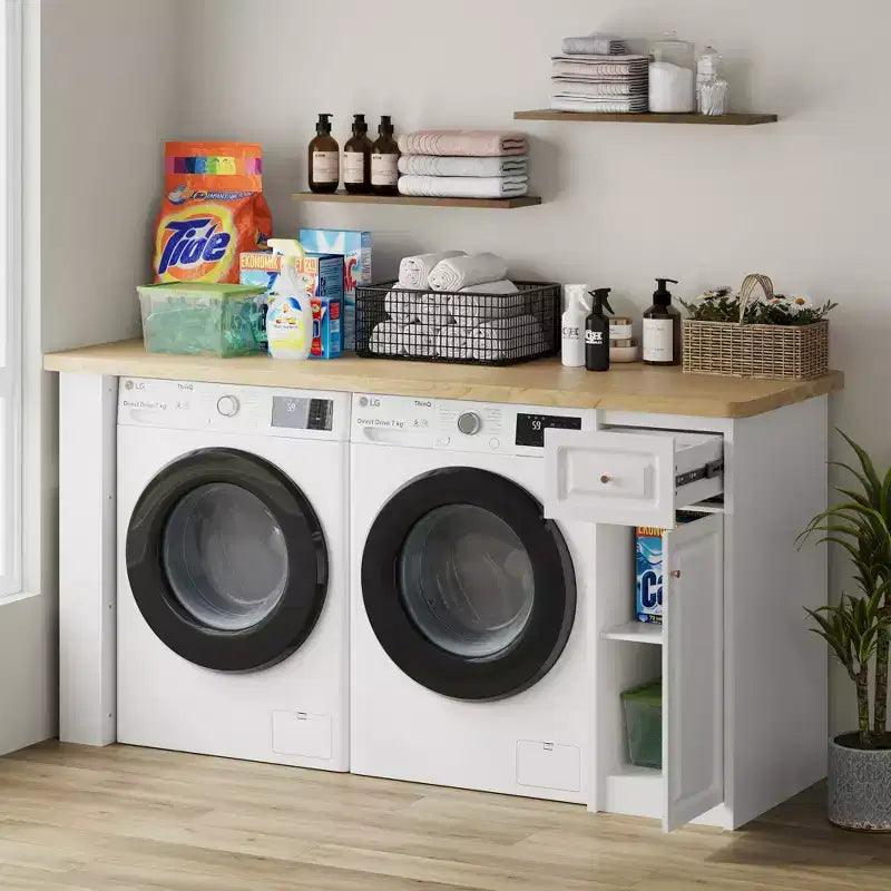 82.6'' Laundry Countertop Storage with Adjustable Shelf & Drawer, Washer Dryer Countertop for Laundry Room